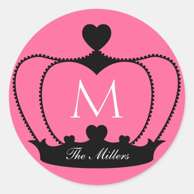Élégant Sticker de couronne rose et noir monogramm (Devant)