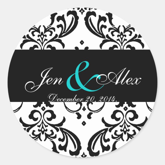 Élégant Sticker Mariage damassé Blanc Noir Aqua (Devant)