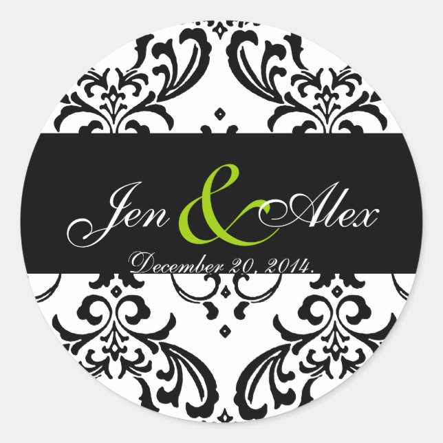 Élégant Sticker Mariage damassé Blanc Noir Vert (Devant)