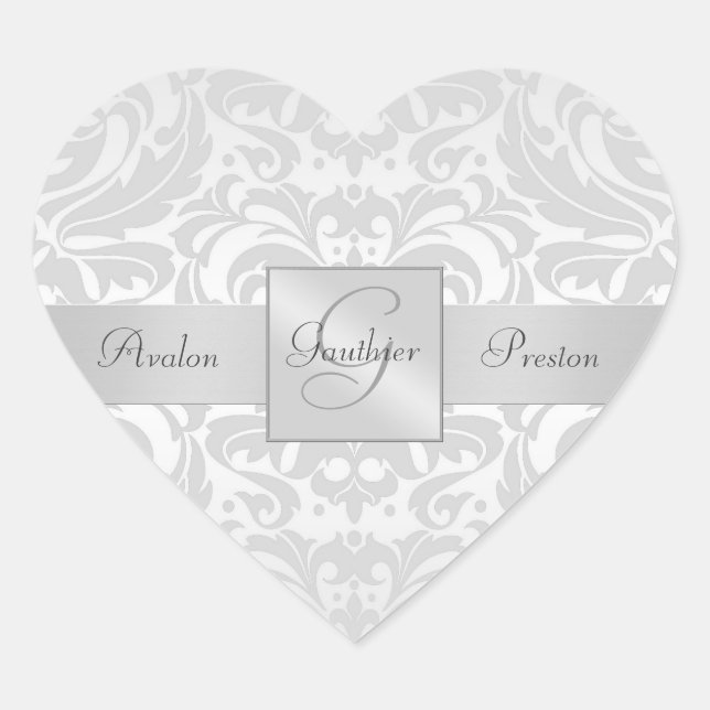Élégant Sticker Mariage de coeur en argent Damask (Devant)