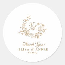 Élégant Sticker Mariage Monogramme Or Floral