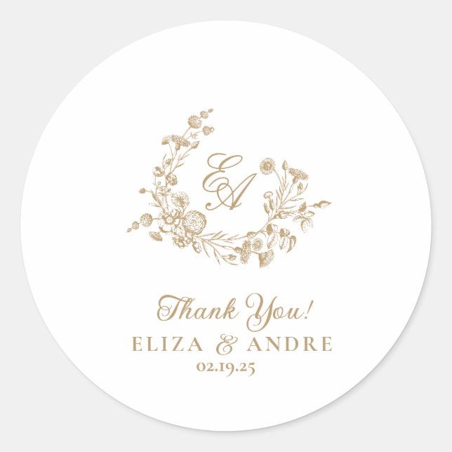 Élégant Sticker Mariage Monogramme Or Floral (Devant)