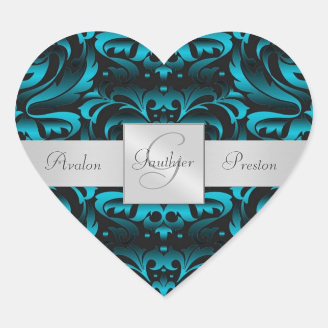 Élégant Sticker Mariage Turquoise Damas foncé (Devant)