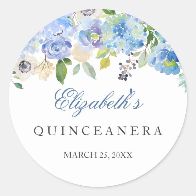 Élégant Sticker Quinceanera Floral Bleu (Devant)