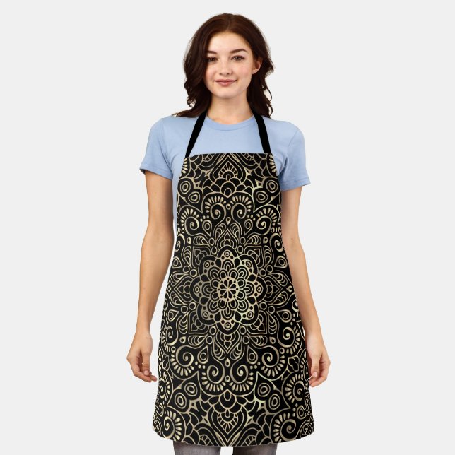 Elegant Stilvoll Black Gold Mandala Schürze (Getragen)
