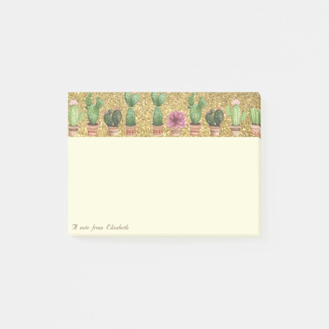 Elegant stilvoll, Gold Glitzer, Kakteen Post-it Klebezettel (Vorderseite)