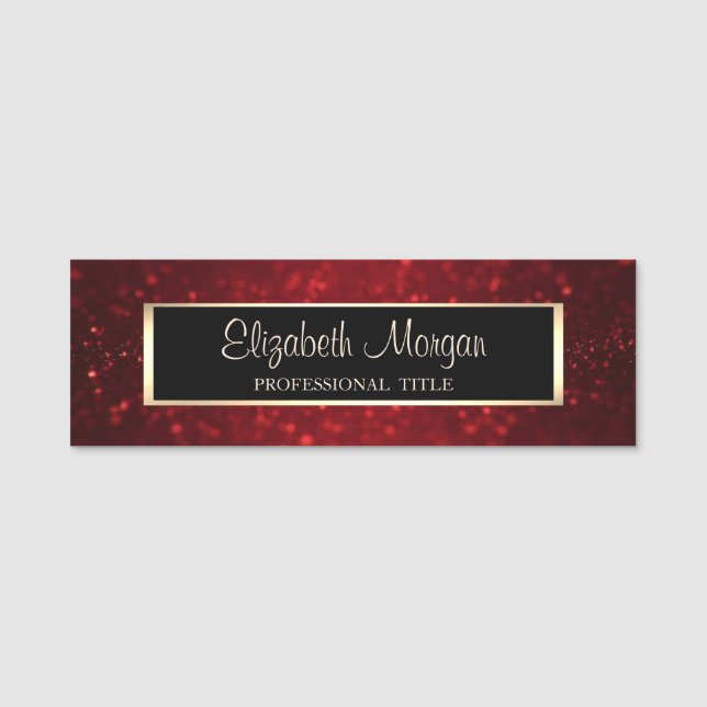 Elegant Stilvoll modern, Rahmen, Rot Glitzer Bokeh Namensschild (Vorderseite)