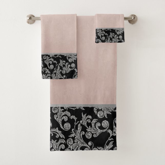 Elegant Stilvolle Black Silver Wirbel Rose Gold Badhandtuch Set (Insitu)