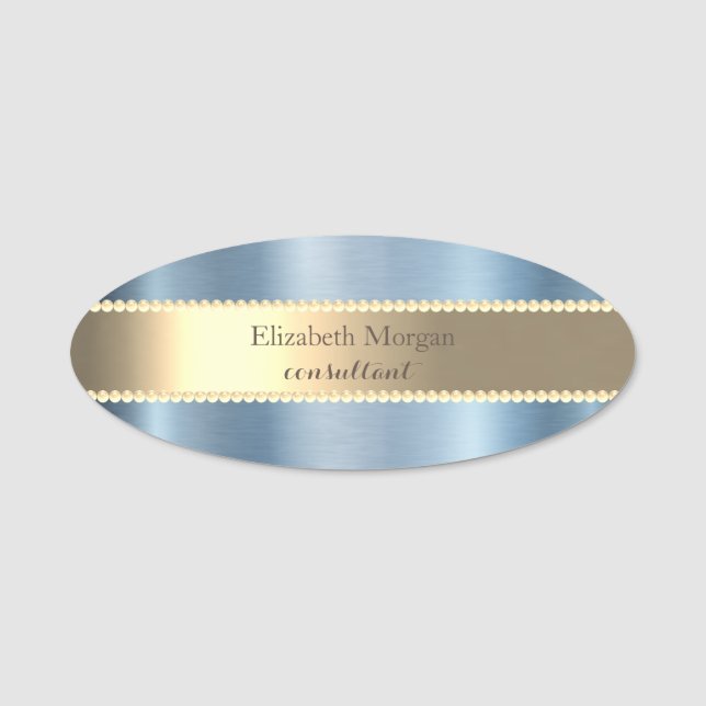 Elegant Stilvolle Goldene Perlen Blaue Metallic Namensschild (Vorderseite)