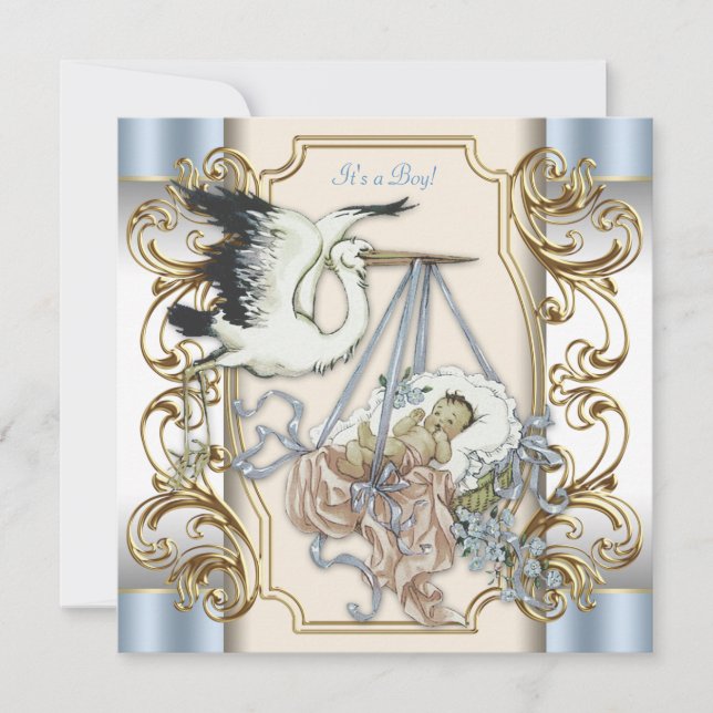 Elegant Stork Baby Boy Shower Einladung (Vorderseite)