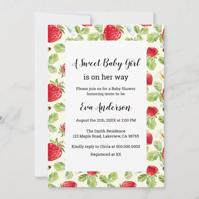 Elegant Strawberry Baby Shower Einladung (Vorderseite)