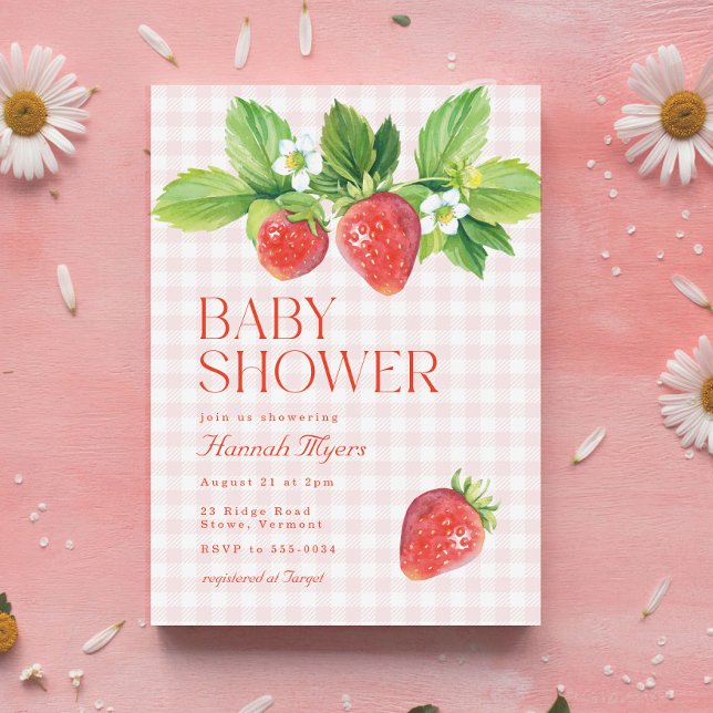Elegant Strawberry Pink Gingham Girl Baby Shower Einladung (Von Creator hochgeladen)