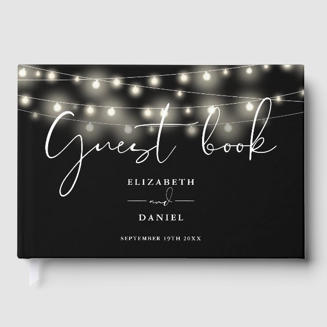Elegant String Lights Black And White Wedding Gästebuch (Vorderseite)