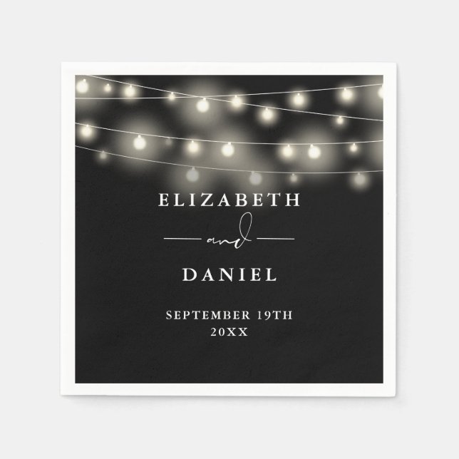 Elegant String Lights Black And White Wedding Serviette (Vorderseite)