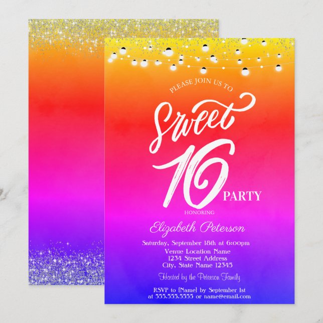Elegant String Lights Confetti Ombre Sweet 16 Einladung (Vorne/Hinten)