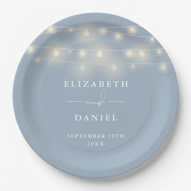 Elegant String Lights Dusty Blue Wedding Pappteller (Vorderseite)