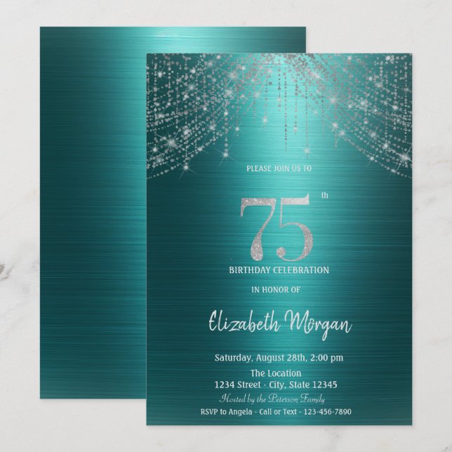 Elegant String Lights Green Metallic 75th Birthday Einladung (Vorne/Hinten)
