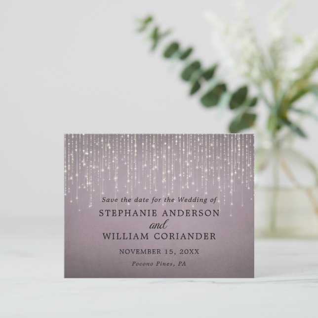 Elegant String Lights Mauve Save the Date STD Ankündigungspostkarte (Stehend Vorderseite)
