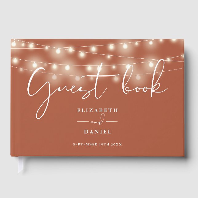 Elegant String Lights Terracotta Wedding Gästebuch (Vorderseite)