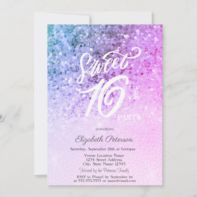 Elegant String Lights Violet Sequins Sweet 16 Einladung (Vorderseite)