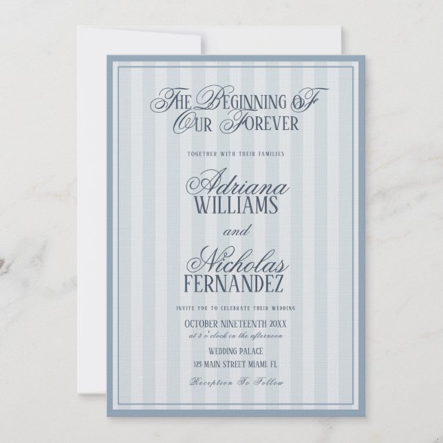 Elegant Striped Blue Wedding Invitation Einladung (Vorderseite)