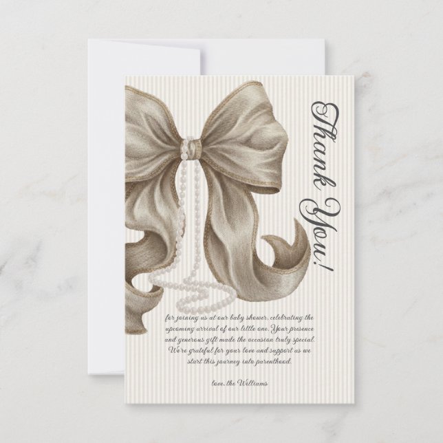 Elegant Striped Bow Ivory Beige Baby Shower Dankeskarte (Vorderseite)