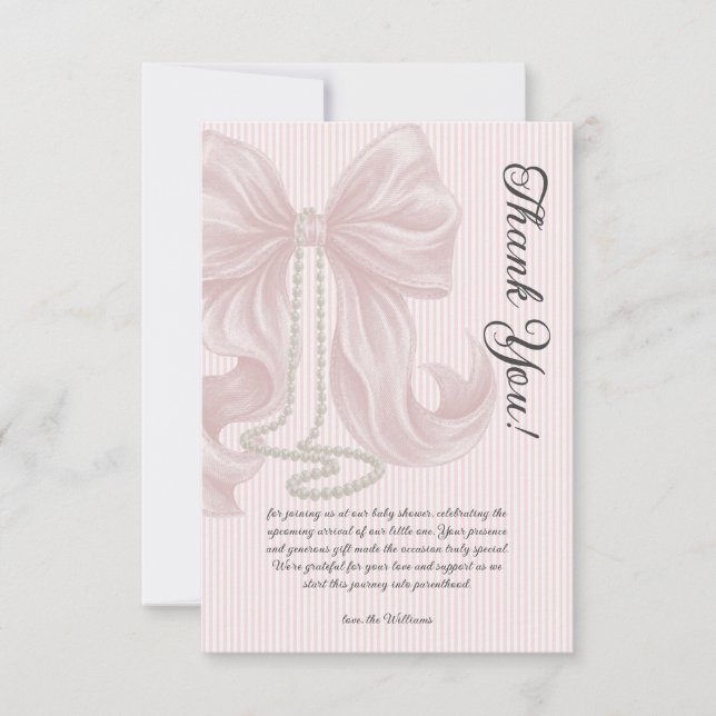 Elegant Striped Bow Ivory Pink Baby Shower Dankeskarte (Vorderseite)
