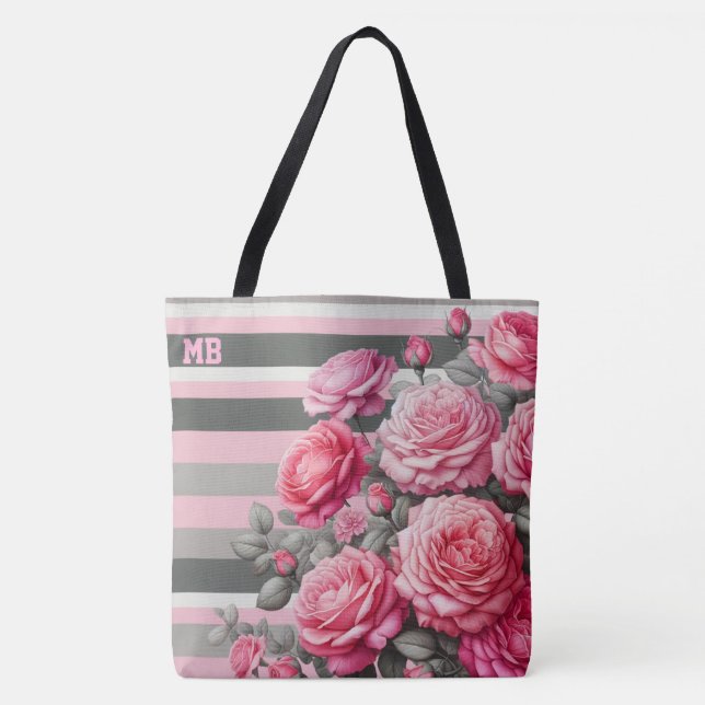 Elegant Striped Pink and Grey with Roses Tasche (Vorderseite)