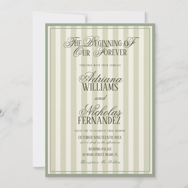 Elegant Striped Vintage Green Wedding Einladung (Vorderseite)