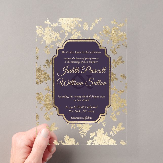 Elegant Style Tolopea Purple Gold Floral Wedding Acryleinladungen (Insitu (Handheld))