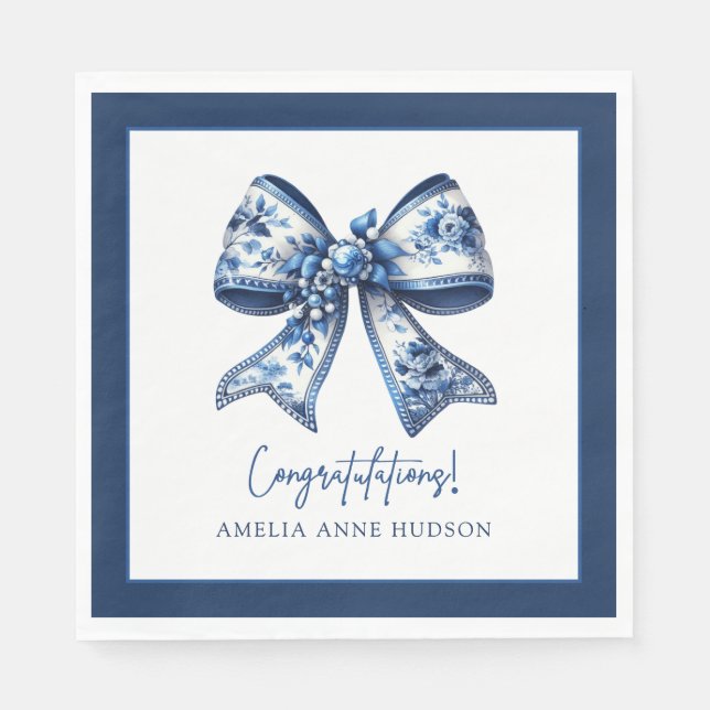 Elegant Stylish Blue Floral Bow Congratulations Serviette (Vorderseite)