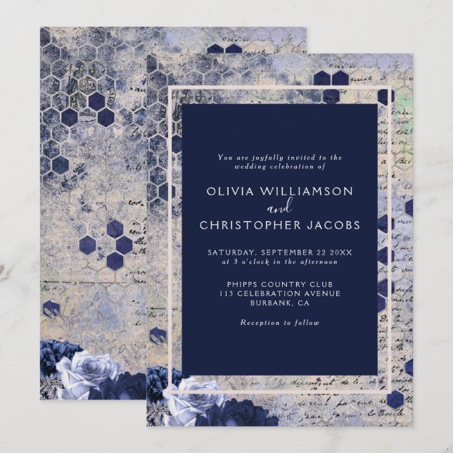 Elegant Stylish Blue Honeycomb Floral Wedding Einladung (Vorne/Hinten)