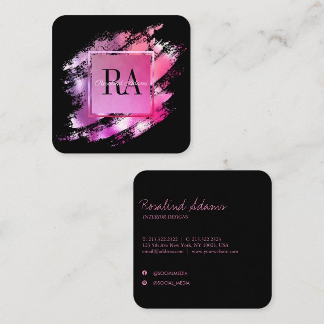 Elegant Stylish Brushstroke Ombre Glam Monogram Quadratische Visitenkarte (Vorne/Hinten)