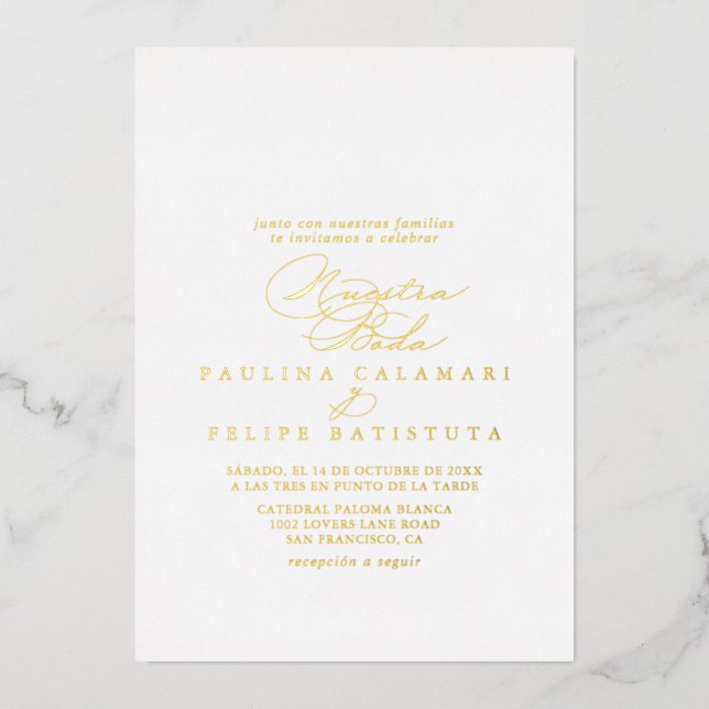Elegant Stylish Calligraphy Nuestra Boda Gold Folieneinladung (Vorderseite)