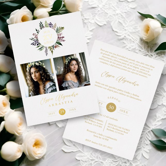 Elegant Stylish CIrcular Shape Mis XV años Floral  Folieneinladung (Spanish Elegant Modern Stylish Shape Mis XV años Floral Anagram 2 Photos Collage.)