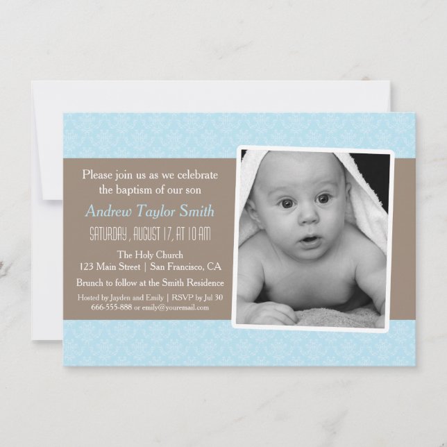 Elégant Stylish Damask Photo Baptism Invitations (Devant)