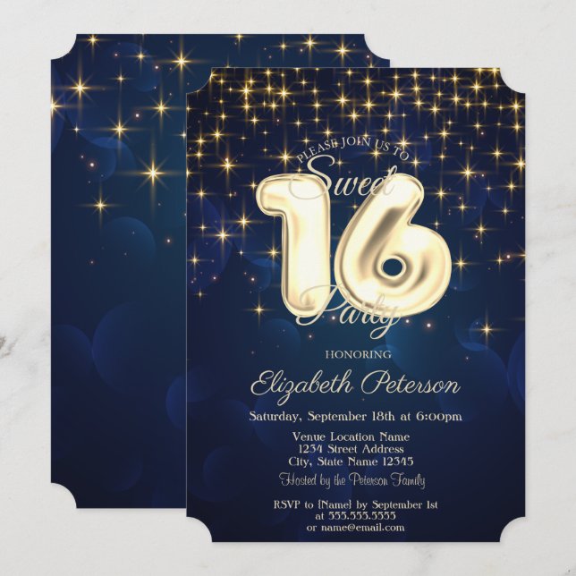 Elegant Stylish Gold Stars Navy Blue Sweet 16 Einladung (Vorne/Hinten)