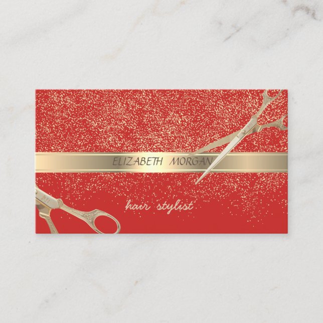 Elegant stylish,rot,goldene Konfetti,Scheren Visitenkarte (Vorderseite)