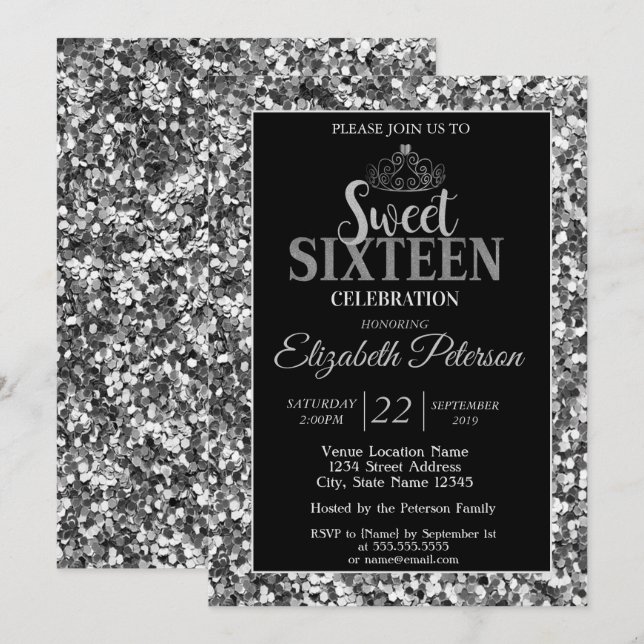 Elegant Stylish Tiara, Silver Sequins Sweet 16 Par Einladung (Vorne/Hinten)