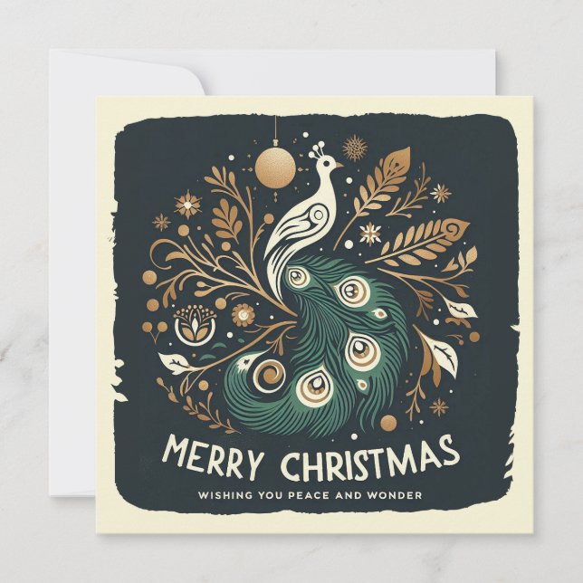 Elegant Stylized Peacock Merry Christmas Feiertagskarte (Vorderseite)