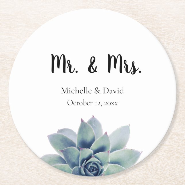 Elegant Succulent Greenery Wedding Mr. & Mrs. Runder Pappuntersetzer (Vorderseite)