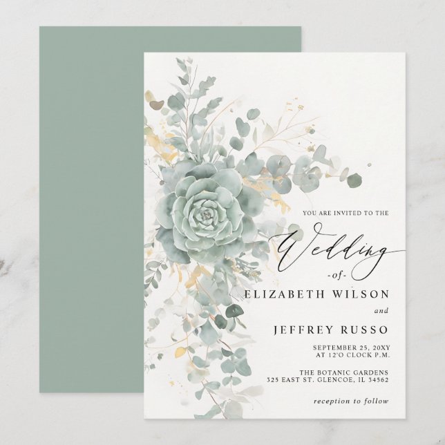 Elegant Succulents Gold Greenerity Wedding Einladung (Vorne/Hinten)