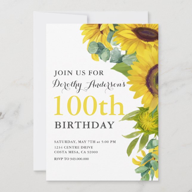 Elegant Sunflower 100. BIrthday Party Einladung (Vorderseite)