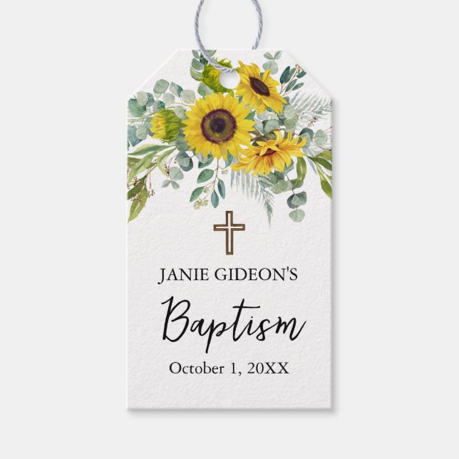 Elegant Sunflower & Eucalyptus Boho Cross Baptism Geschenkanhänger (Vorderseite)