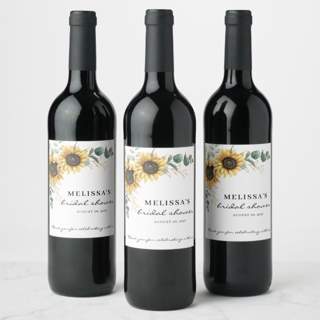 Elegant Sunflower Eucalyptus Floral Bridal Weinetikett (Flaschen)