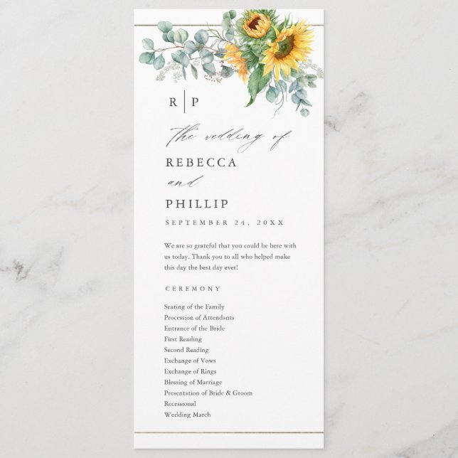 Elegant Sunflower Eucalyptus Wedding Programm (Vorderseite)