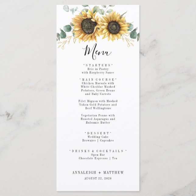 Elegant Sunflower Floral Eucalyptus Wedding Menu Menükarte (Vorderseite)
