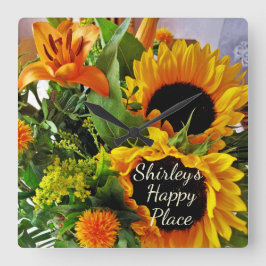 Elegant Sunflower, Lily Happy Place Fall Bouquet S Quadratische Wanduhr