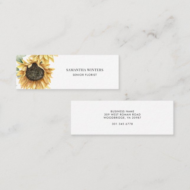 Elegant Sunflower Watercolor Floral Mini Visitenkarte (Vorne/Hinten)