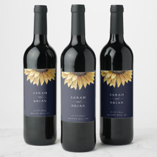 Elegant Sunflower Wedding Navy Blue Weinetikett